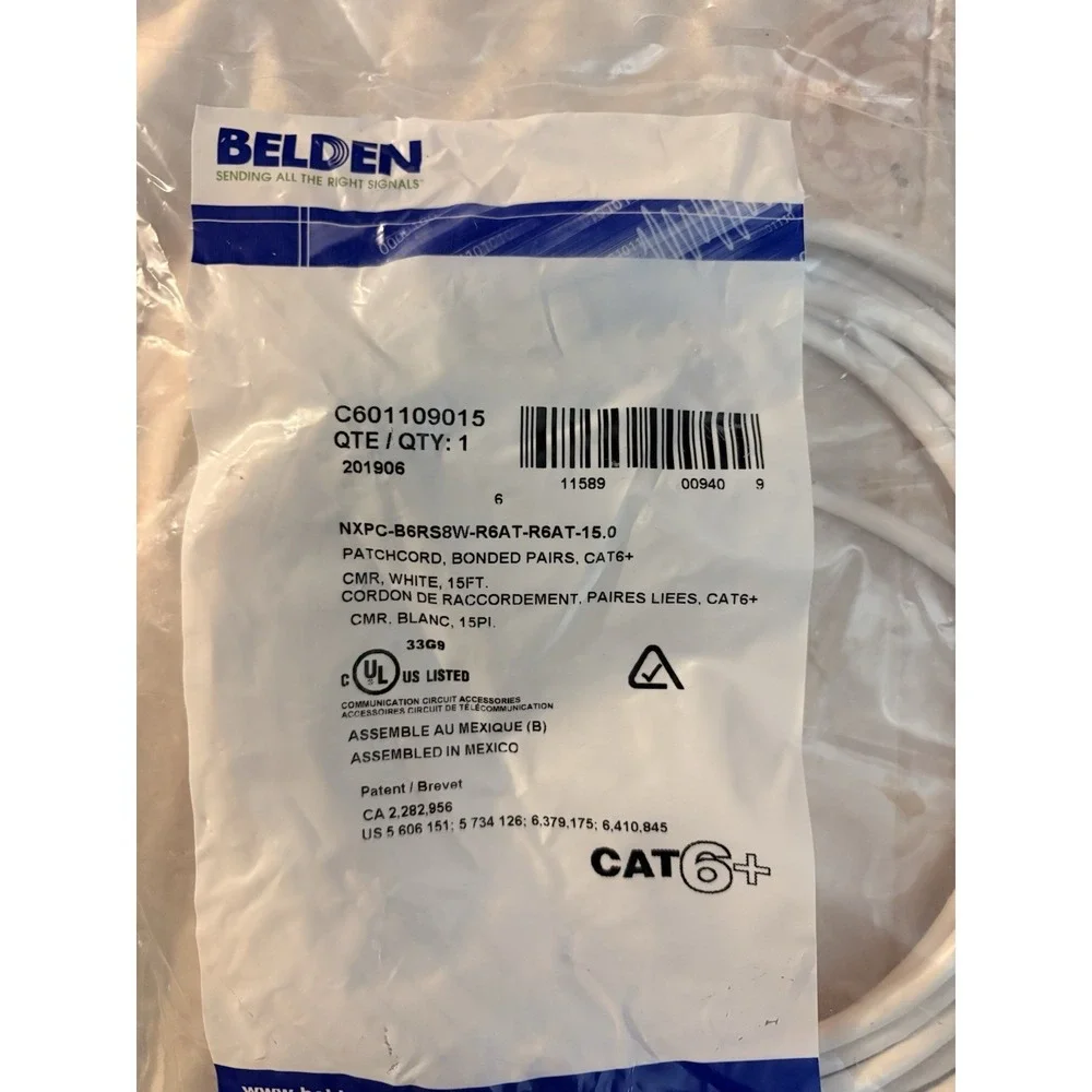 Belden CA21109015 Cat 6A 15Foot White Bonded Pair Patch10GX Cable New!